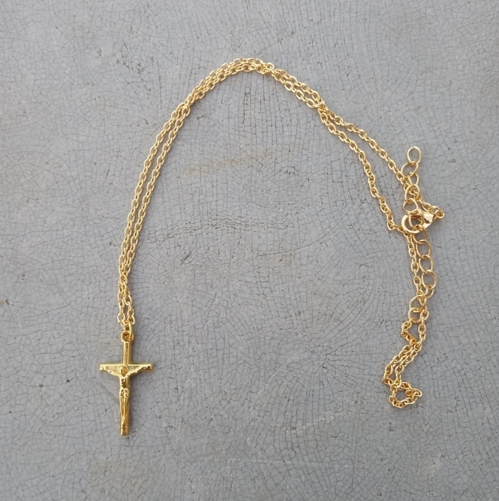 2/$10 Dainty Crucifix Gold Tone Jesus Cross Religious Necklace NWT